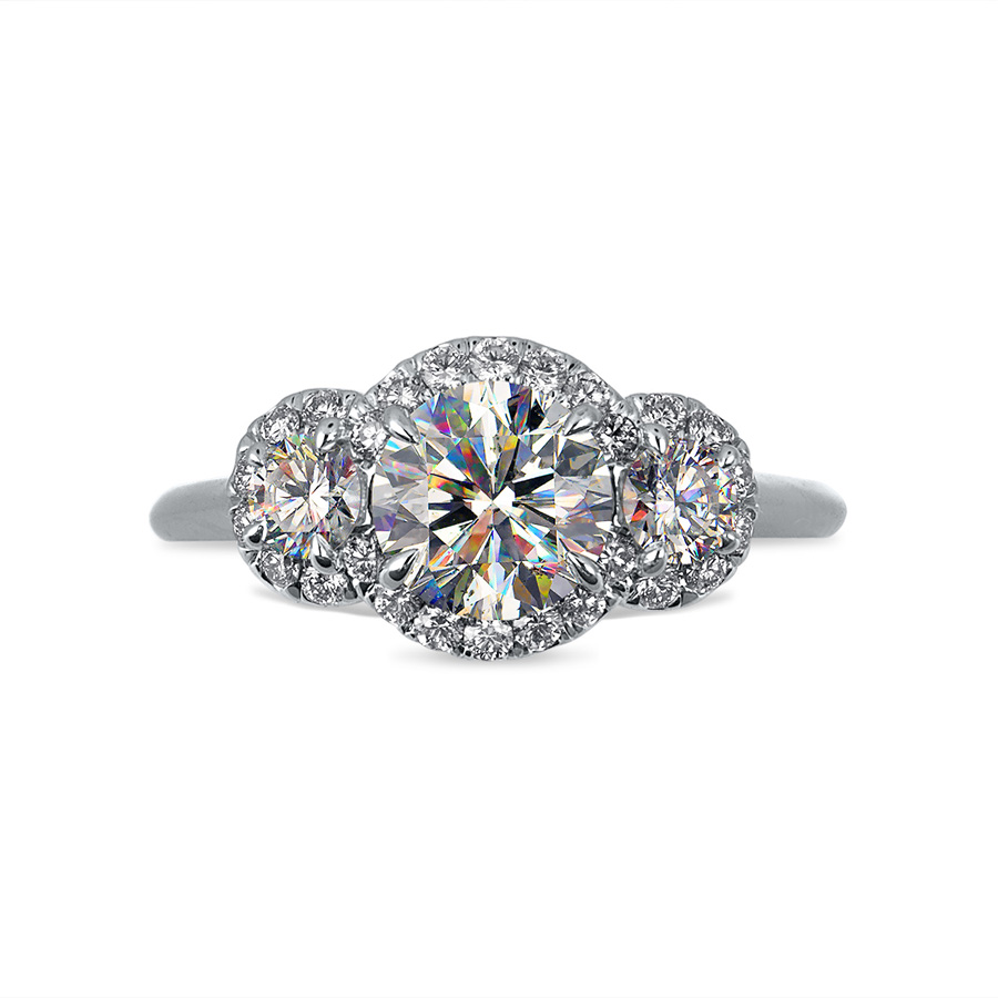 Facets of Fire 3 Stone Halo Diamond Engagement Ring